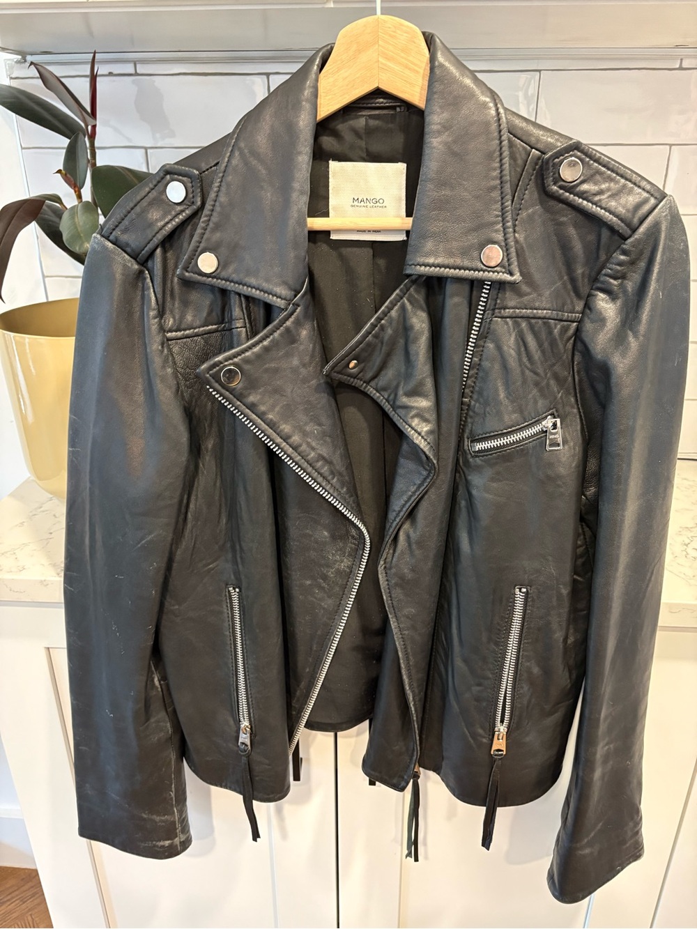 Mango Black Leather Biker Jacket with Silver Hardware